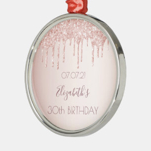 30th birthday rose gold glitter drips pink name metal ornament