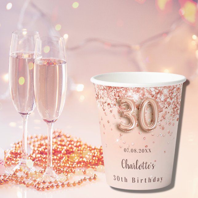 30th birthday rose gold glitter monogram name paper cups (Creator Uploaded)