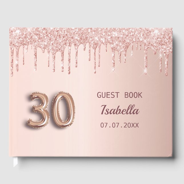 30th birthday rose gold glitter pink balloon font guest book (Front)