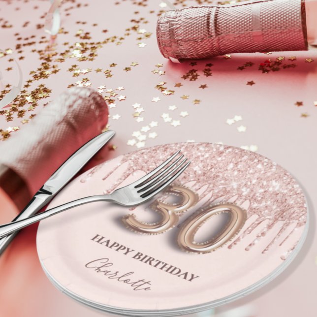 30th birthday rose gold glitter pink balloon style paper plate (Creator Uploaded)