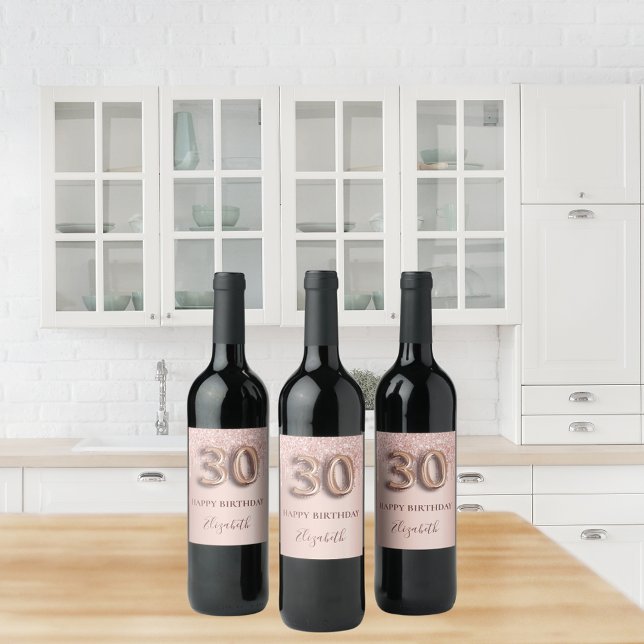 30th birthday rose gold glitter pink balloon style wine label (Creator Uploaded)