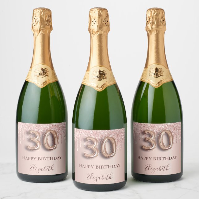 30th birthday rose gold pink drips sparkling wine label (Bottles)