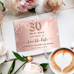 30th birthday rose gold silver save the date announcement postcard<br><div class="desc">A girly and trendy Save the Date card for a 30th birthday party. Rose gold gradient background decorated with rose gold and faux silver glitter drips. Personalise and add a date and name/text. The text: Save the Date is written with a large trendy hand lettered style script with swashes. Number...</div>