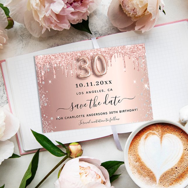 30th birthday rose gold silver save the date announcement postcard (Creator Uploaded)