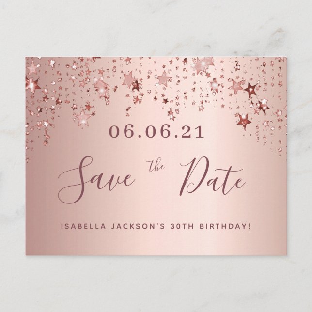 30th birthday rose gold stars save the date postcard (Front)