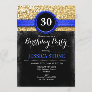 30th Birthday - Royal Blue Black Gold - ANY YEAR Invitation