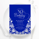 30th Birthday Royal Blue Silver Roses Invitation<br><div class="desc">Royal blue silver elegant 30th birthday party invitation. Classy design featuring roses,  faux silver foil and typography script font. Trendy invite card perfect for a stylish female bday celebration. Personalise with your own details. Can be customised to any age. Printed Zazzle invitations or instant download digital printable template.</div>