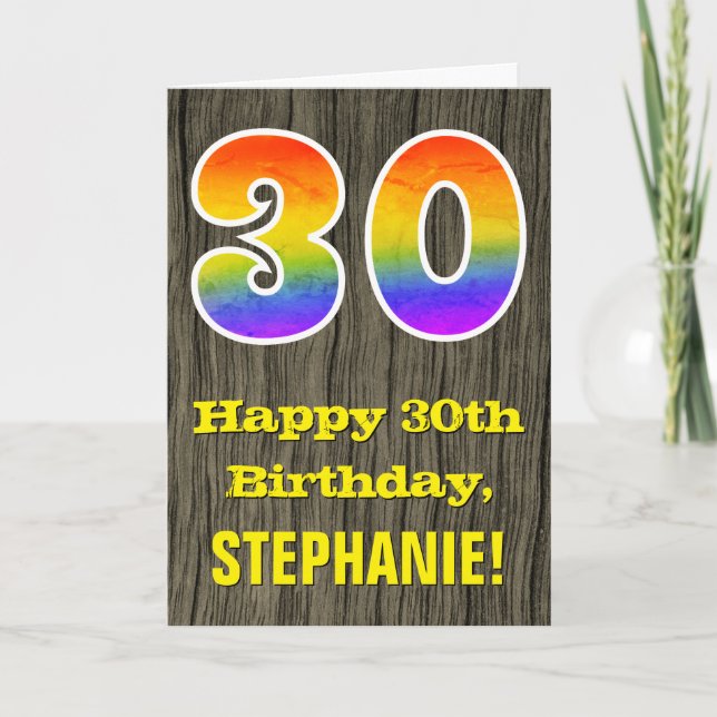 30th Birthday: Rustic Faux Wood Look, Rainbow "30" Card (Front)