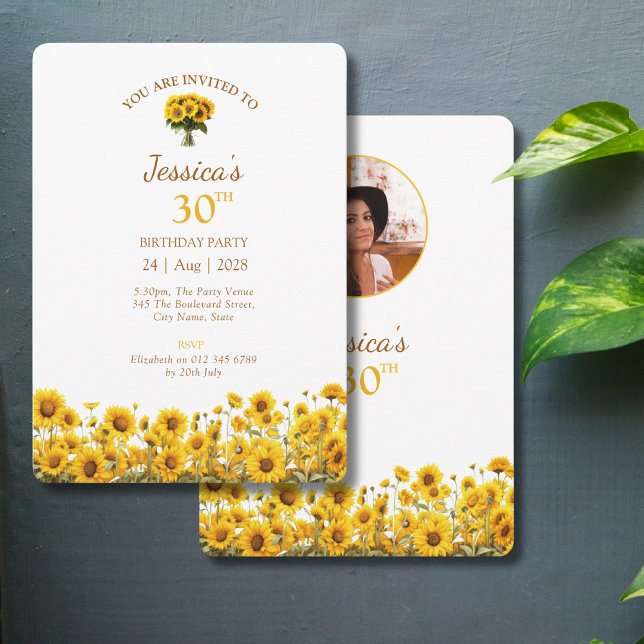 30th Birthday Rustic Sunflower Floral Photo Invitation (30th birthday party invitation with sunflowers on a dark grey background.)
