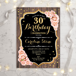 30th Birthday - Rustic Wood Blush Roses Invitation