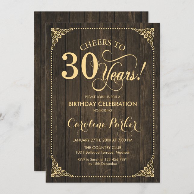 30th Birthday - Rustic Wood Gold Invitation (Front/Back)