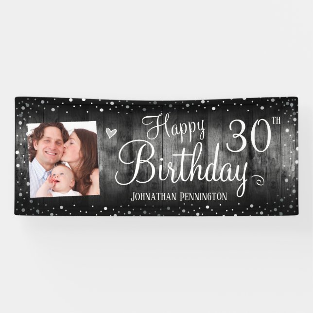 30th Birthday Rustic Wood Photo Silver Confetti Banner (Horizontal)