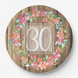 30th birthday rustic wood watercolor flowers paper plate