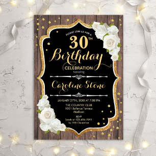 30th Birthday - Rustic Wood White Roses Invitation