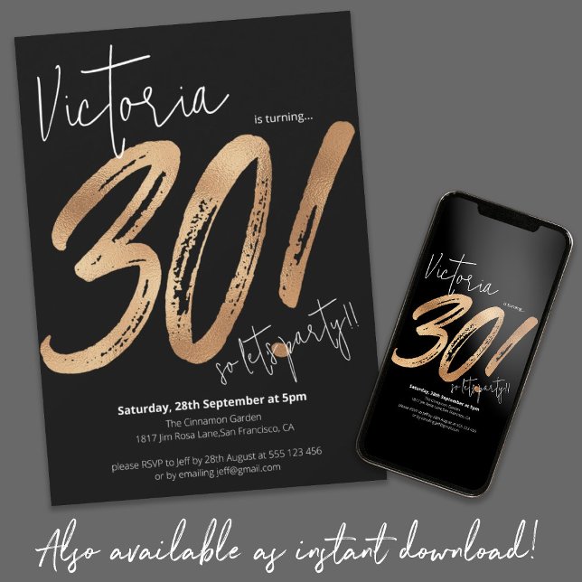 30th Birthday Script Gold Black Modern Invitation (Sassy 30th Birthday Gold Black Modern Minimalist Invitation)