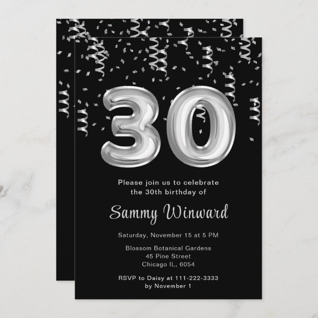 30th Birthday Silver Balloons with Confetti Invitation (Front/Back)