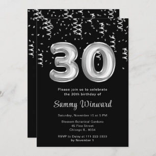 30th Birthday Silver Balloons with Confetti Invitation