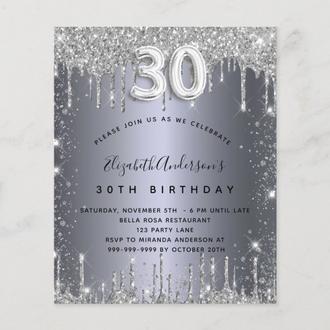 30th birthday silver glitter budget invitation  flyer (Front)