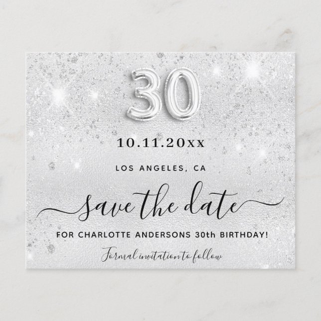 30th birthday silver glitter budget save the date  flyer (Front)
