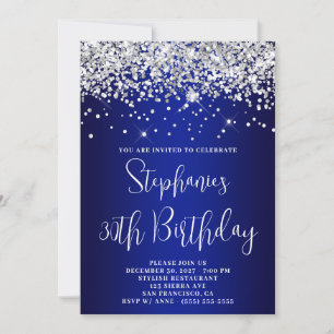 30th Birthday Silver Glitter Royal Blue Navy Ombre Invitation