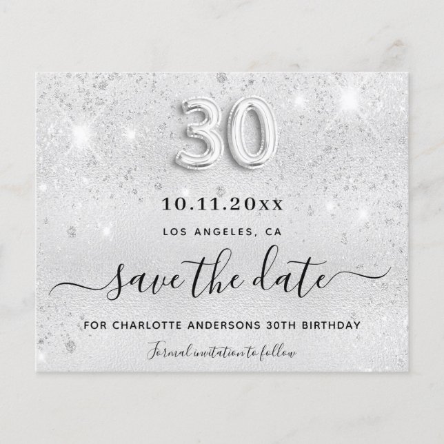 30th birthday silver glitter save the date card (Front)
