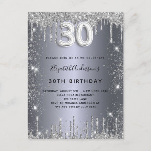 30th birthday silver metal glitter dust glam invitation postcard