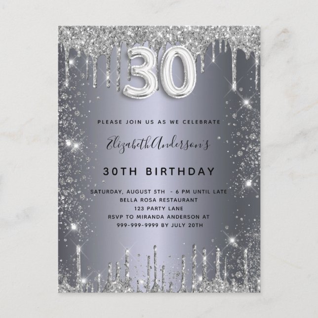 30th birthday silver metal glitter dust glam invitation postcard (Front)