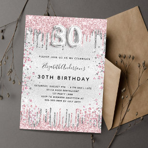 30th birthday silver pink glitter drips luxury invitation