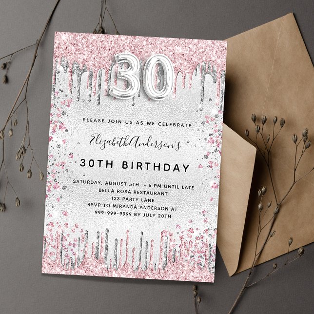 30th birthday silver pink glitter drips luxury invitation (Creator Uploaded)