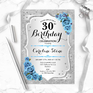 30th Birthday - Silver Stripes Icy Blue Roses Invitation
