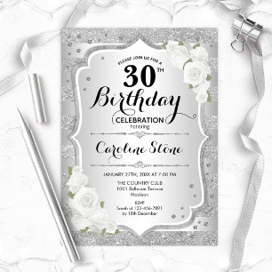30th Birthday - Silver Stripes White Roses Invitation