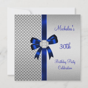 30th Birthday Silver Tiles Blue Diamond Bow Invitation