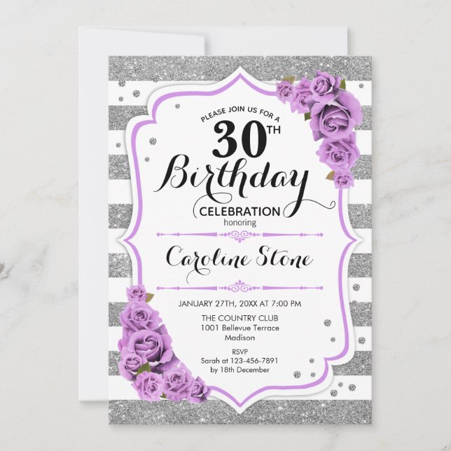 30th Birthday -  Silver White Stripes Purple Roses Invitation (Front)
