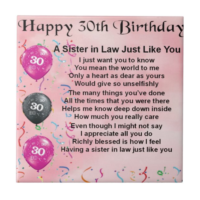 30th Birthday - Sister in Law Poem Ceramic Tile (Front)