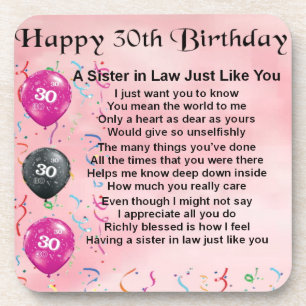 30th Birthday - Sister in Law Poem Coaster
