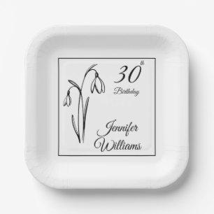 30th Birthday Snowdrop Floral Black And White Paper Plate