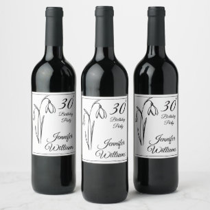 30th Birthday Snowdrop Floral Black And White Wine Label