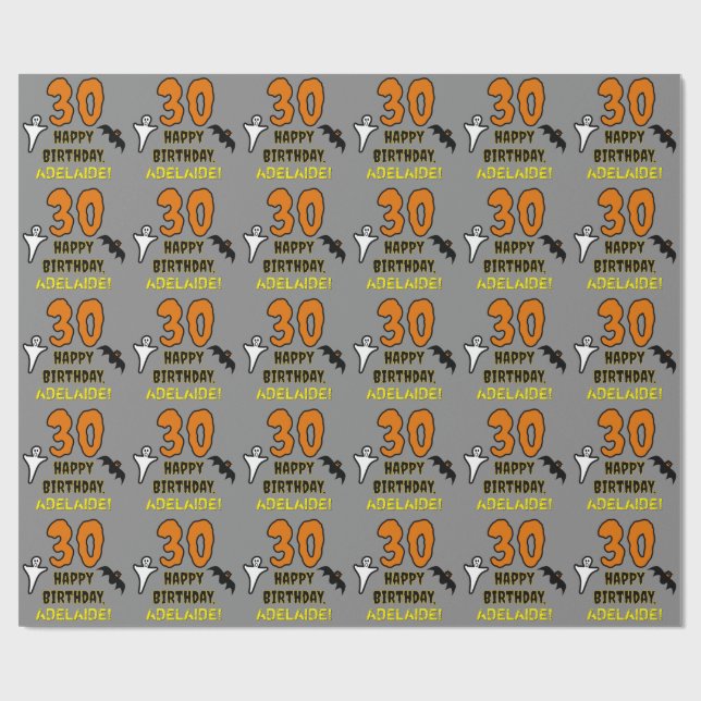 30th Birthday: Spooky Halloween Theme, Custom Name Wrapping Paper (Flat)
