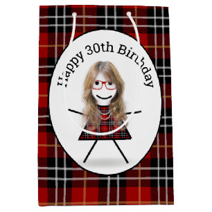 30th Birthday Stick Girl on Tartan Plaid  Medium Gift Bag