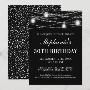 30th Birthday String Lights Jars Black White Invitation