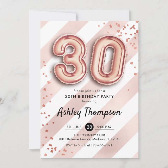 30th Birthday - Stripes Rose Gold Balloons Invitation (Front)