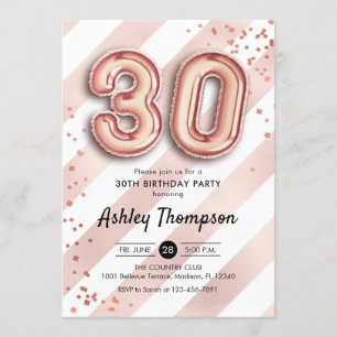 30th Birthday - Stripes Rose Gold Balloons Invitation