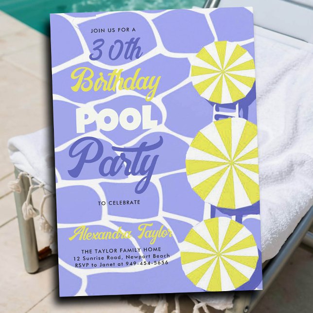 30th Birthday Summer Pool Party Purple Lime Invitation (30th birthday party ideas for women pool umbrellas purple yellow personalized invitation summer fun)