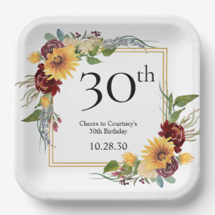 30th Birthday Sunflowers Paper Plate