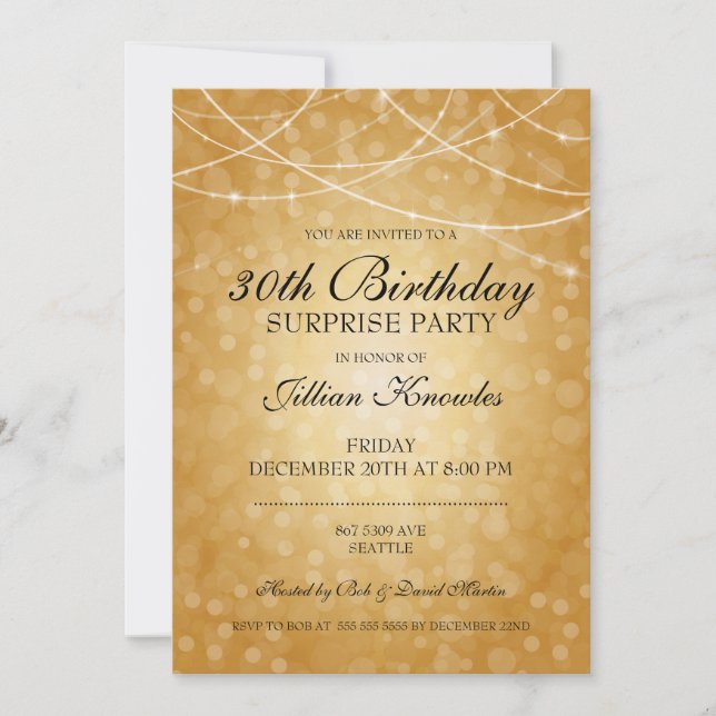30th Birthday Surprise Party Brass String Lights Invitation (Front)