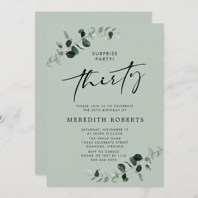 30th Birthday Surprise Party Eucalyptus Sage Invitation (Front/Back)