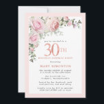 30th Birthday Surprise Party Pink Rose Floral Invitation<br><div class="desc">Honour a special woman with this elegant and feminine 30th Birthday surprise party invitation. 30th is written in large pink text. Birthday Surprise Party follows. The honoured guest's name is also in pink capital letters. Blush pink roses and sage green leaves create a beautiful floral spray at the top. While...</div>