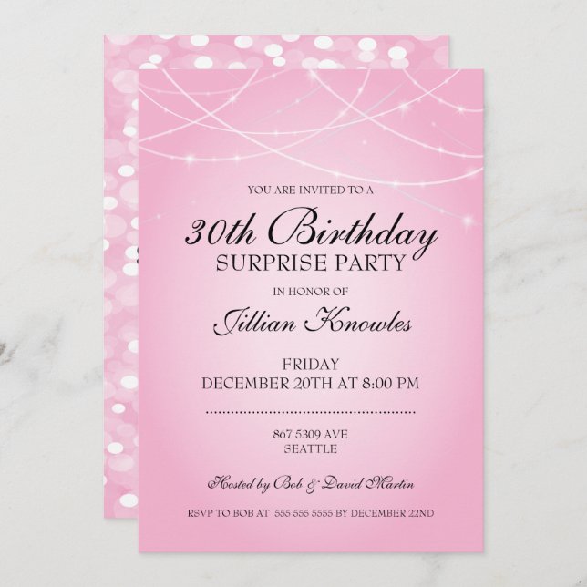 30th Birthday Surprise Party Pink String Lights Invitation (Front/Back)
