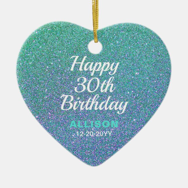 30th Birthday Teal Blue Glitter Personalised Ceramic Ornament (Front)