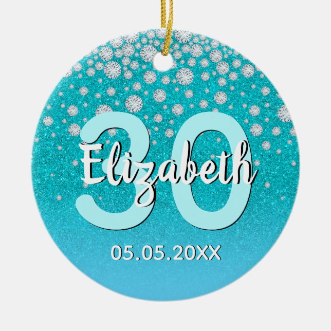 30th birthday teal blue green glitter diamond ceramic ornament (Front)